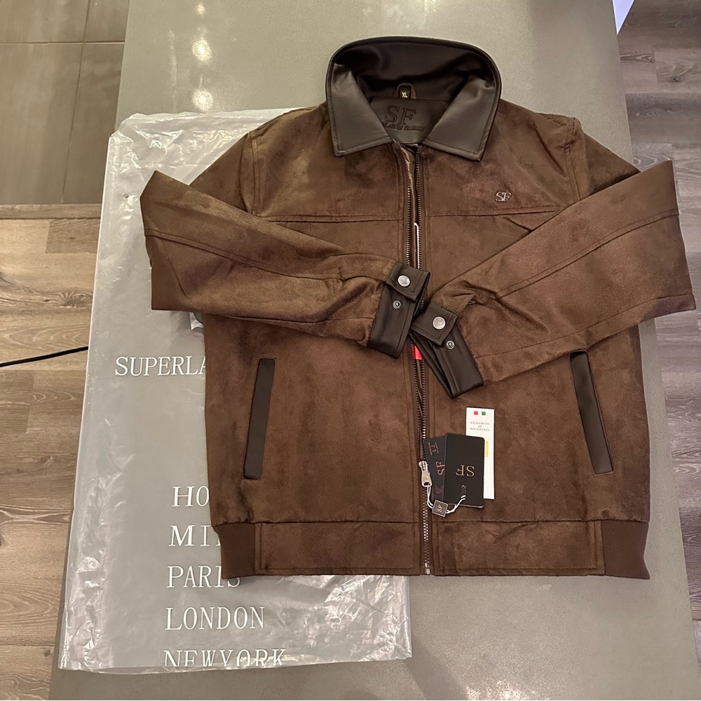 Men’s Jacket, Brown Suede like, collar with cuff sleeve, & polyester lining.